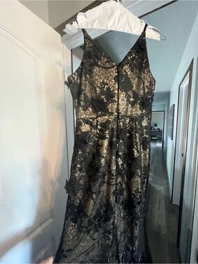 Dress the Population Black and Gold Strapless Floral Appliqué Gown